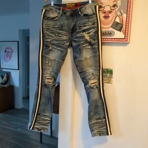 MAKOBI Acid Wash Distressed Ripped Jeans Accent Zippers 36x32 (36x31 actual)